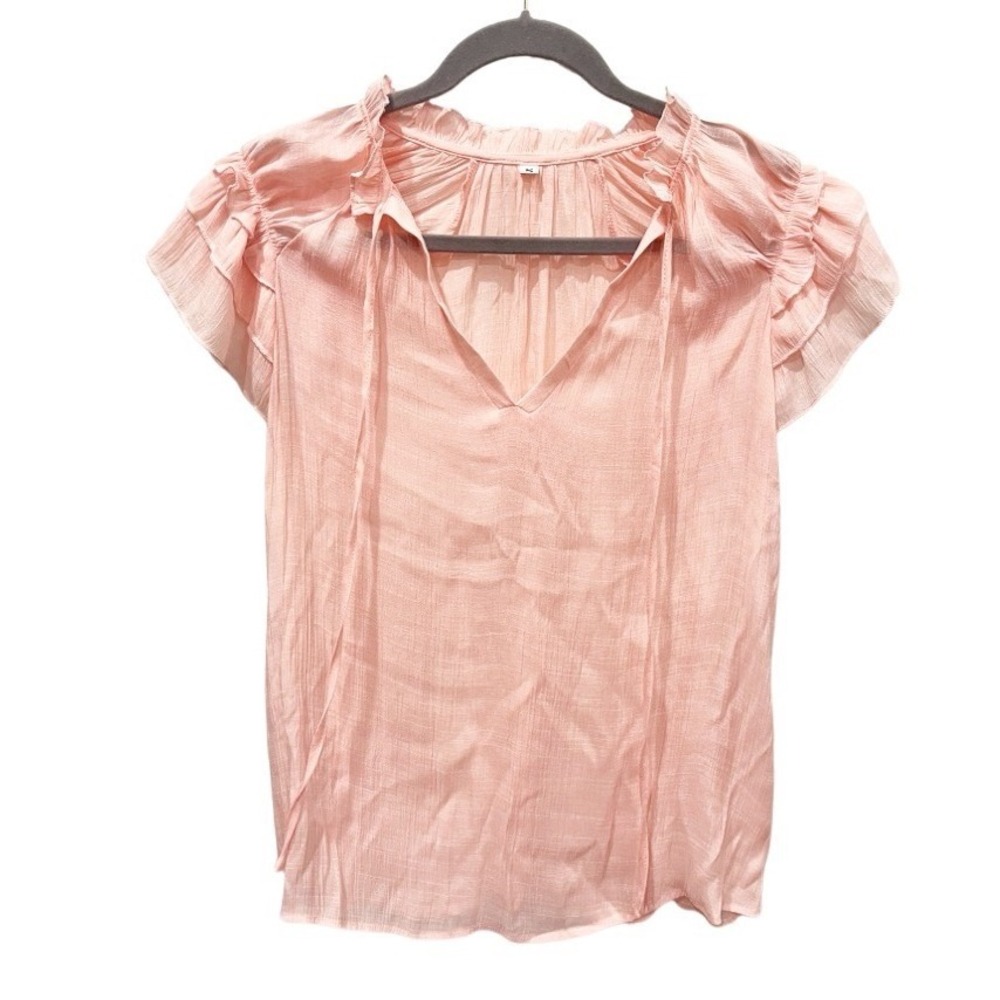 Pink Ruffle Flutter Sleeve V-Neck Tie Blouse‎ Textured Pleated Top Small